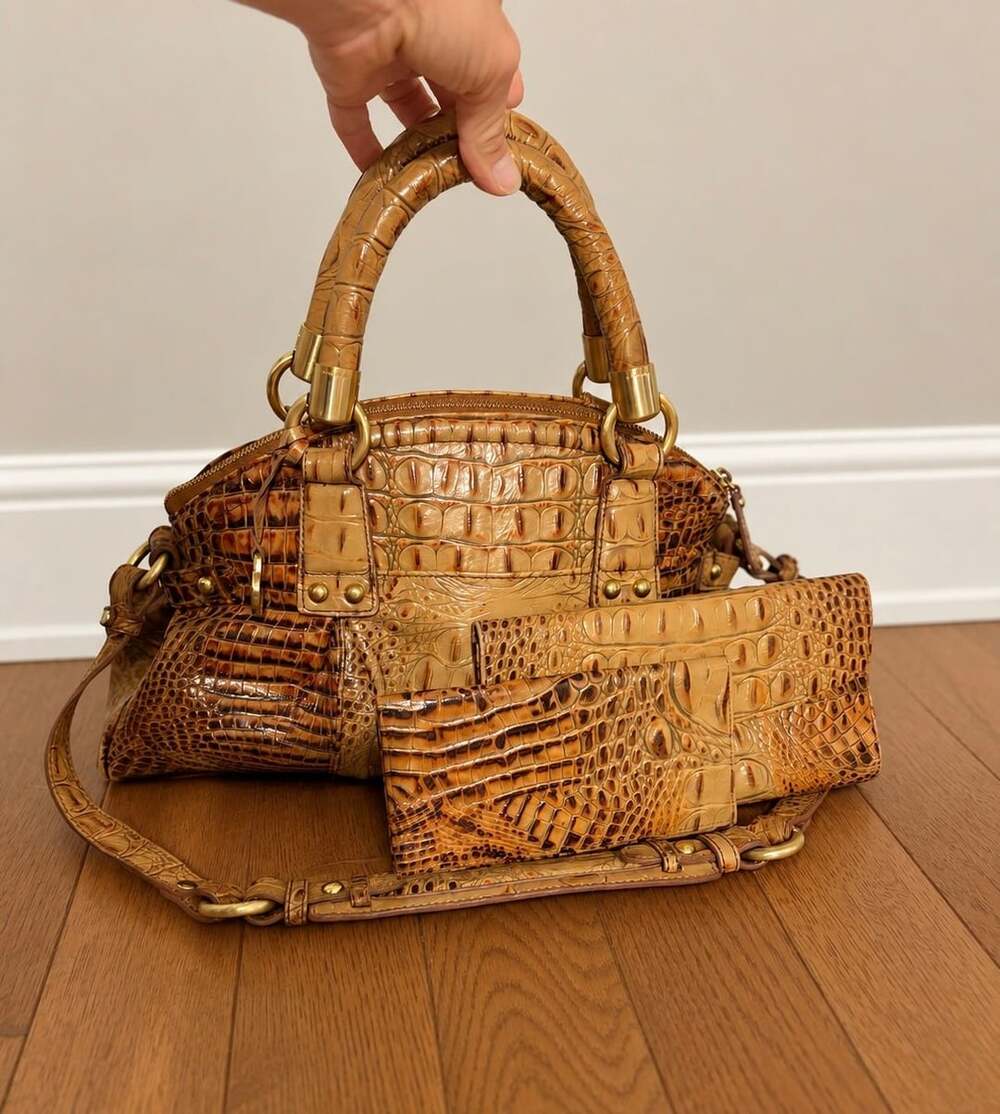 Brahmin Croc-Embossed Leather Satchel + Matching Wallet Set